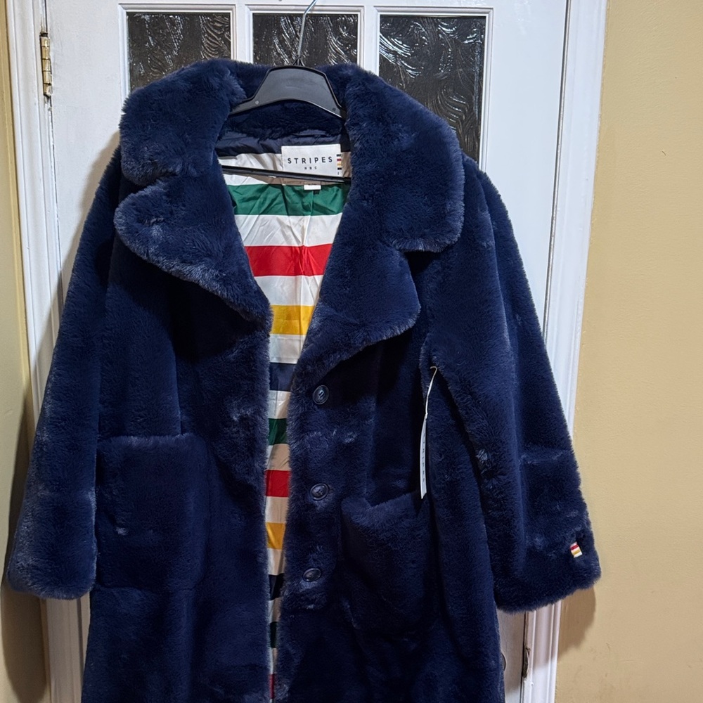 Navy faux fur Hudson’s Bay stripe collection long coat.  Size XL.  NWT